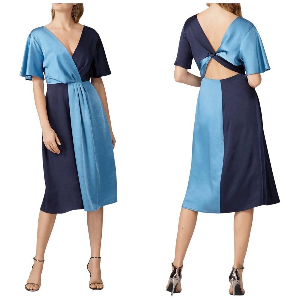Adelyn Rae Tasha Satin Colorblock Cutout Midi Dress Blue Navy M